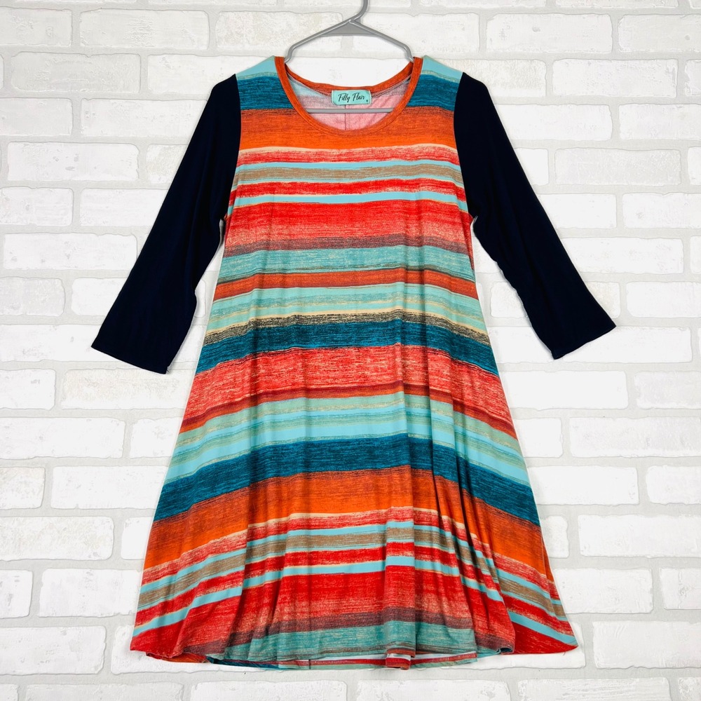 Filly Flair Women's Medium M Shift Dress Orange Teal Blue Striped 3/4 Sleeve